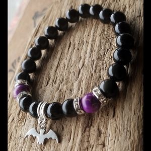 🖤🦇 Bat Charm Stone Bracelet Purple Jasper Obsidian Halloween Goth Beaded